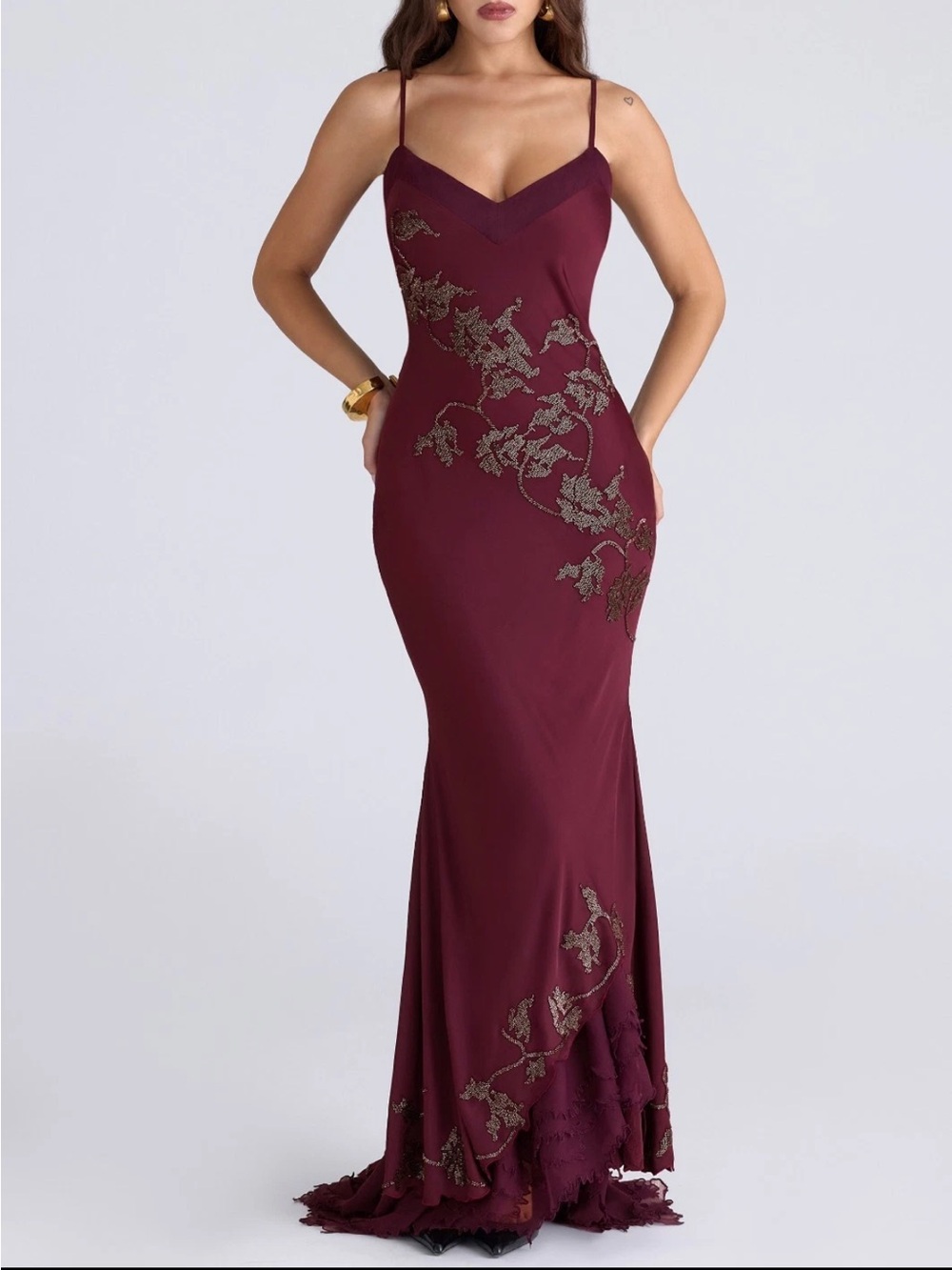 House of CB Anastelle plum hand beaded  embellished satin Maxi Dress